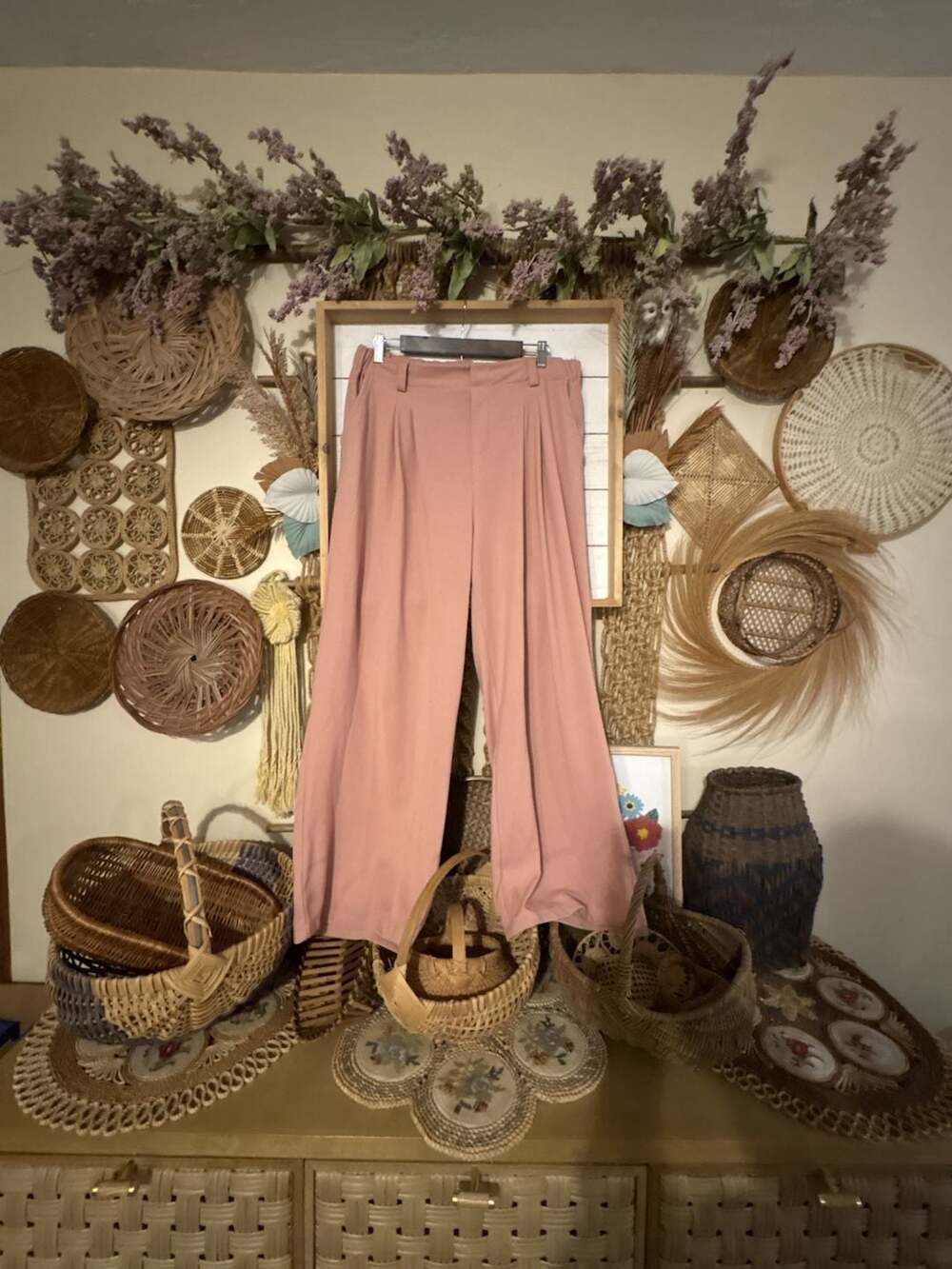Halara Wide Leg Pants XL Pink Waffle Pleated Trousers